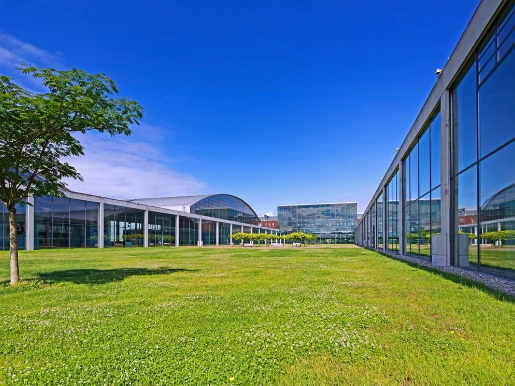 Moderne Glasgebäude mit weitläufiger Rasenfläche und Baum unter blauem Himmel